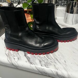 Zara Black Leather Chelsea Boots with Red Lug Sole